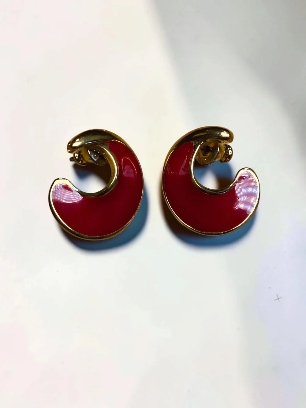 Vintage Gold Tone Red Enamel & Silver Tone Hoop Earrings 2 Pair